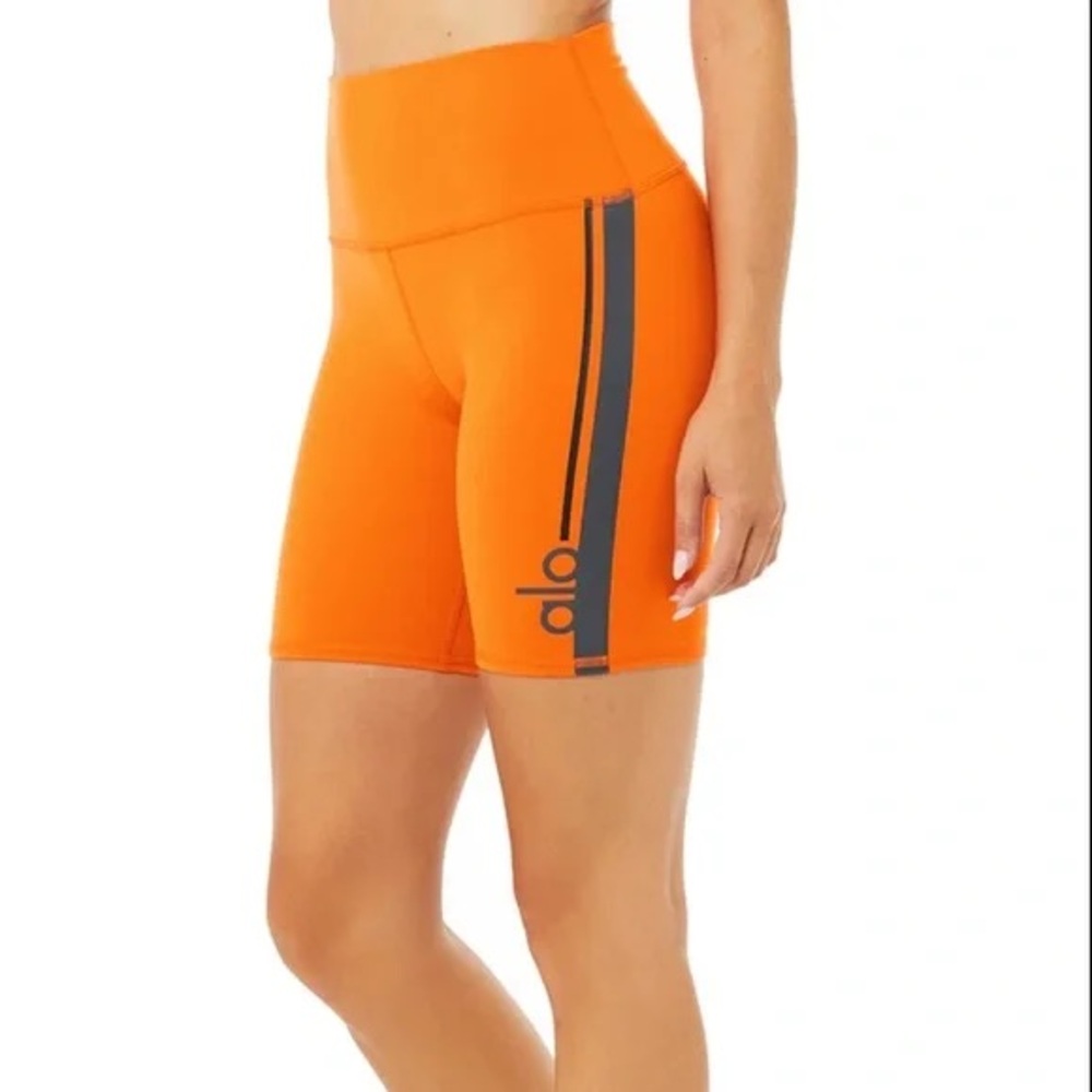 ALO Yoga High-Rise Orange Cycling Shorts with Gray Logo Stripe